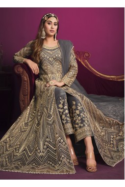 Grey Net Zari Embroidered Wedding Salwar Kameez