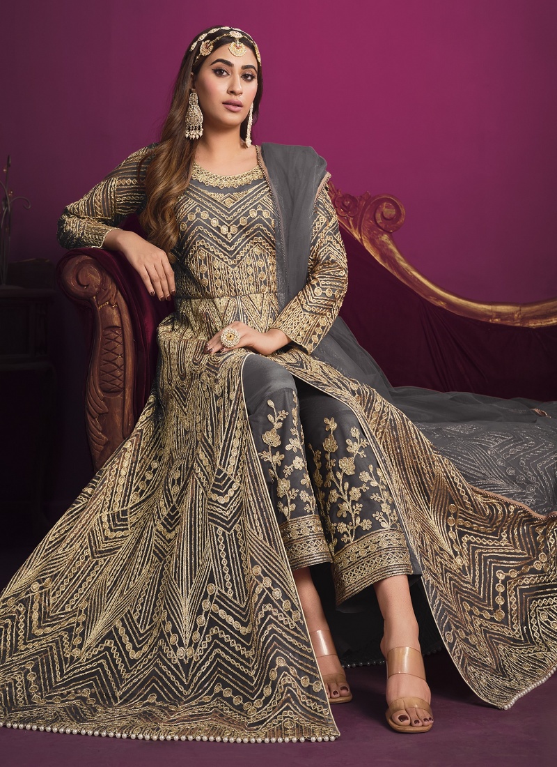 Grey Net Zari Embroidered Wedding Salwar Kameez