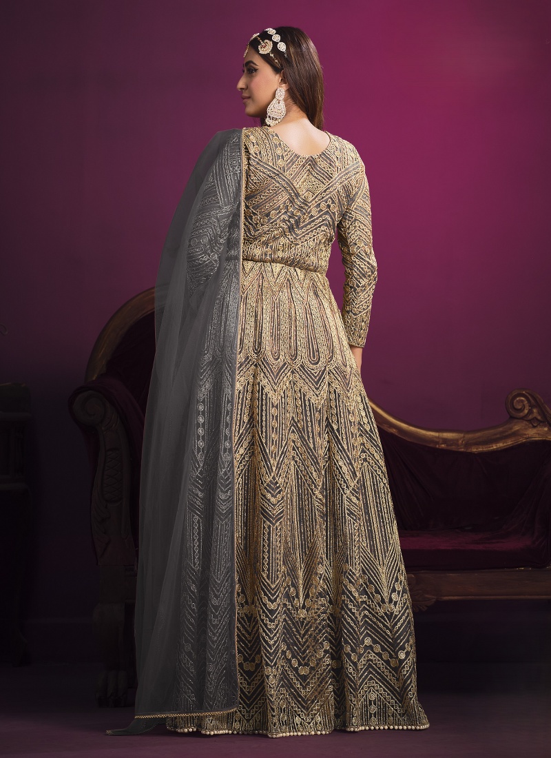 Grey Net Zari Embroidered Wedding Salwar Kameez