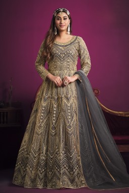 Grey Net Zari Embroidered Wedding Salwar Kameez