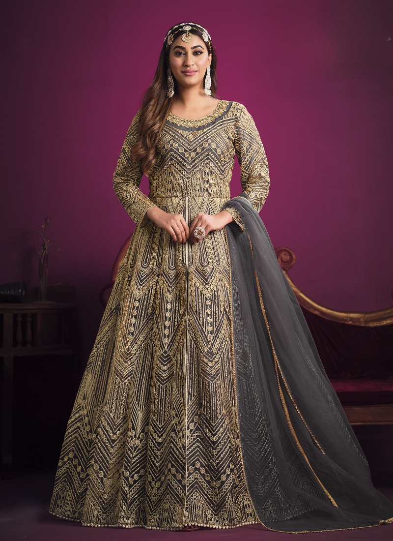 Grey Net Zari Embroidered Wedding Salwar Kameez