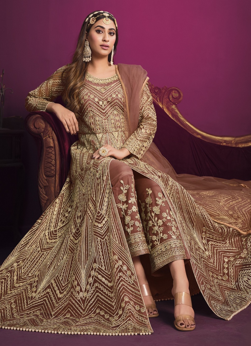 Peach Net Embroidered Wedding Salwar Kameez