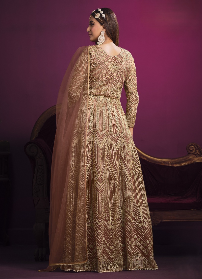 Peach Net Embroidered Wedding Salwar Kameez