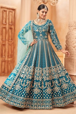 Blue Art Silk Embroidered Work Wedding Salwar Kameez