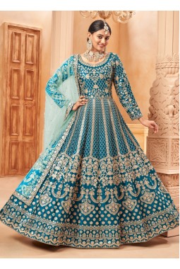 Blue Art Silk Embroidered Work Wedding Salwar Kameez