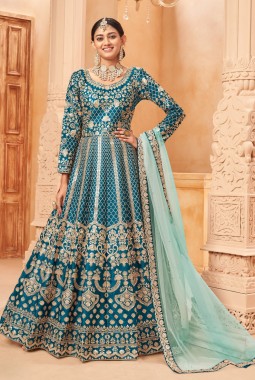 Blue Art Silk Embroidered Work Wedding Salwar Kameez