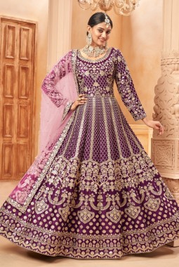 Magenta Art Silk Embroidered Wedding Salwar Kameez