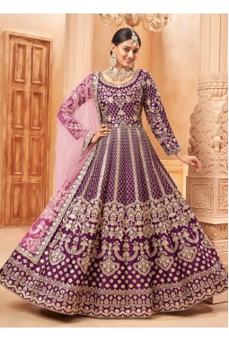 Magenta Art Silk Embroidered Wedding Salwar Kameez