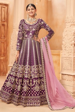 Magenta Art Silk Embroidered Wedding Salwar Kameez