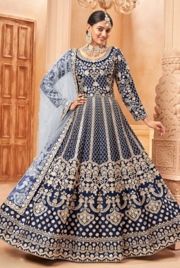 Navy Blue Art Silk Embroidered Work Wedding Salwar Kameez