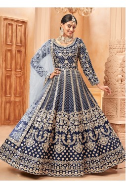 Navy Blue Art Silk Embroidered Work Wedding Salwar Kameez