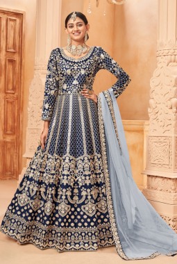 Navy Blue Art Silk Embroidered Work Wedding Salwar Kameez