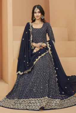 Navy Blue Faux Georgette Sequins Embroidered Wedding Salwar Kameez