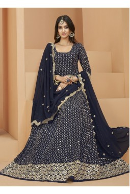 Navy Blue Faux Georgette Sequins Embroidered Wedding Salwar Kameez