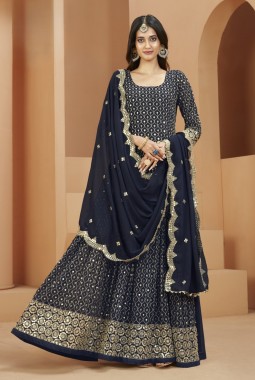 Navy Blue Faux Georgette Sequins Embroidered Wedding Salwar Kameez