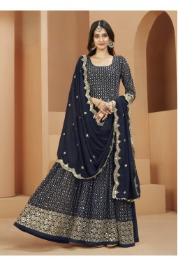 Navy Blue Faux Georgette Sequins Embroidered Wedding Salwar Kameez