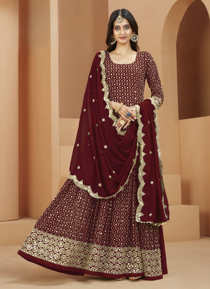 Brown Faux Georgette Sequins Wedding Salwar Kameez