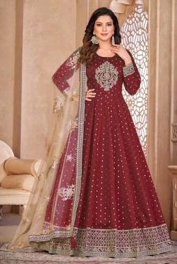 Maroon Tafeta Silk Embroidered Wedding Salwar Kameez