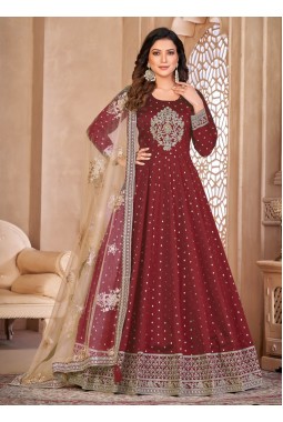 Maroon Tafeta Silk Embroidered Wedding Salwar Kameez