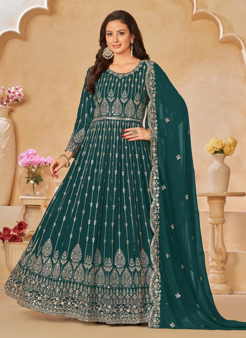 Teal Faux Georgette Sequins Wedding Salwar Kameez