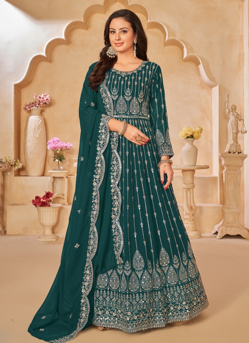 Teal Faux Georgette Sequins Wedding Salwar Kameez