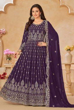 Purple Faux Georgette Sequins Embroidered Wedding Salwar Kameez