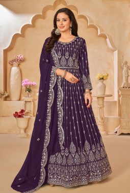 Purple Faux Georgette Sequins Embroidered Wedding Salwar Kameez