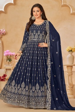 Navy Blue Faux Georgette Embroidered Wedding Salwar Kameez