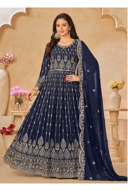 Navy Blue Faux Georgette Embroidered Wedding Salwar Kameez
