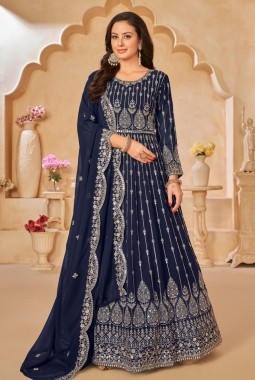 Navy Blue Faux Georgette Embroidered Wedding Salwar Kameez