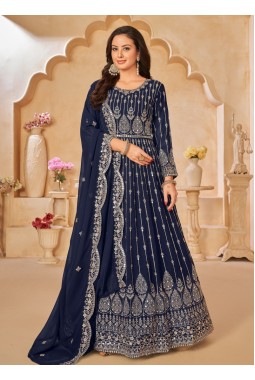 Navy Blue Faux Georgette Embroidered Wedding Salwar Kameez