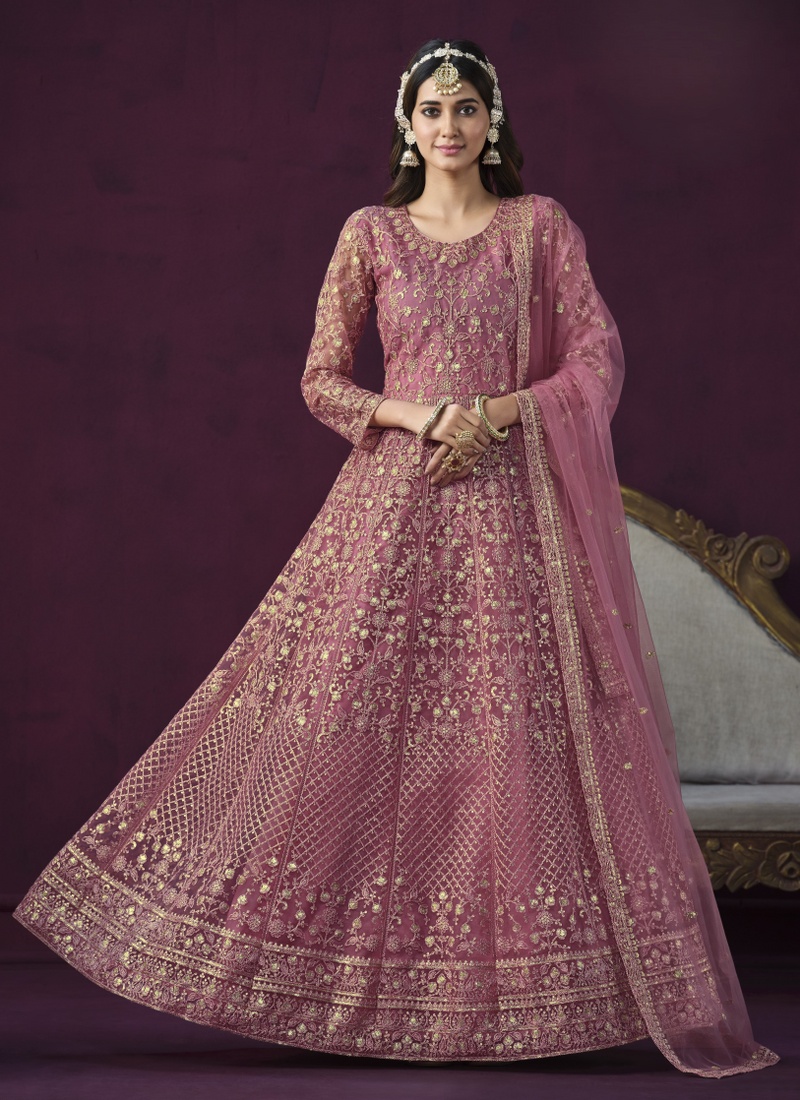 Pink Net Sequins Wedding Salwar Kameez