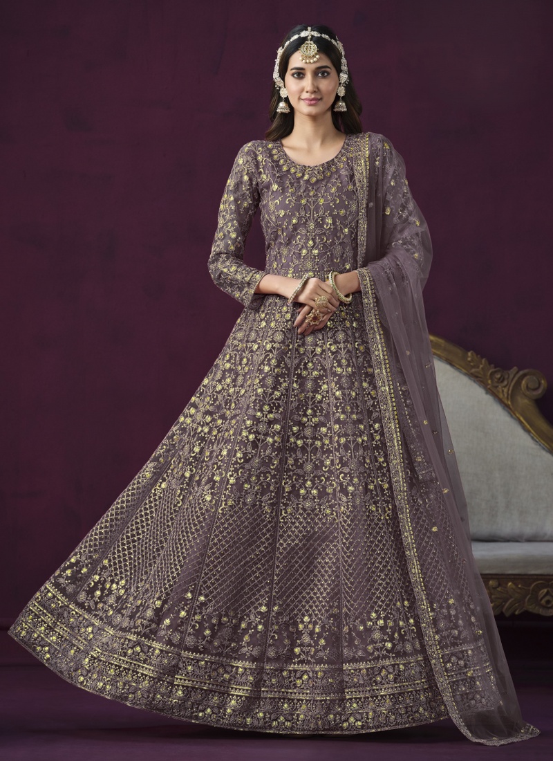 Purple Net Embroidered Wedding Salwar Kameez