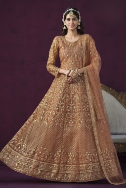 Orange Net Sequins Embroidered Wedding Salwar Kameez
