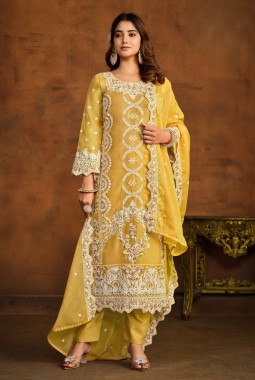 Yellow Soft Organza Sequins Embroidered Designer Salwar Kameez