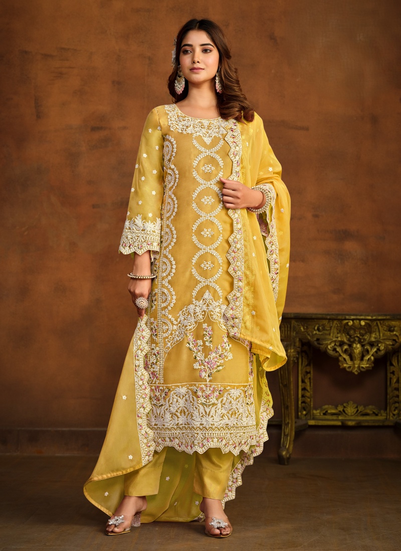 Yellow Soft Organza Sequins Embroidered Designer Salwar Kameez