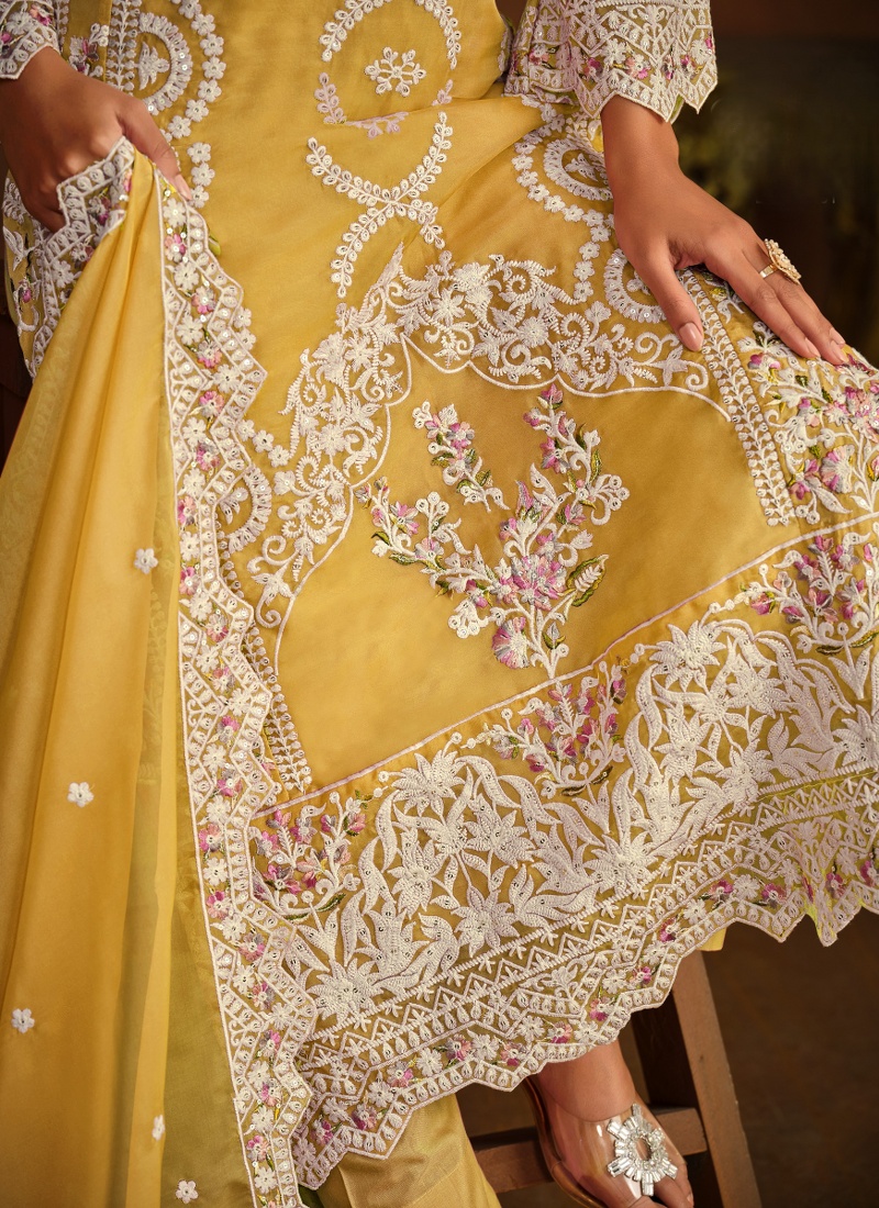 Yellow Soft Organza Sequins Embroidered Designer Salwar Kameez