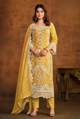 Yellow Soft Organza Sequins Embroidered Designer Salwar Kameez