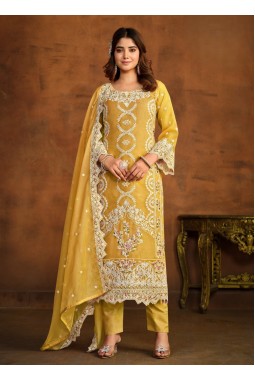 Yellow Soft Organza Sequins Embroidered Designer Salwar Kameez