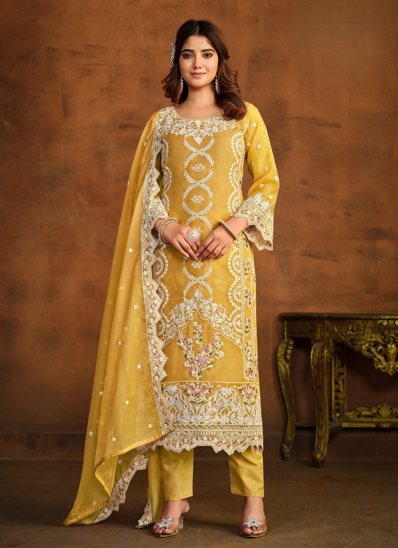 Yellow Soft Organza Sequins Embroidered Designer Salwar Kameez