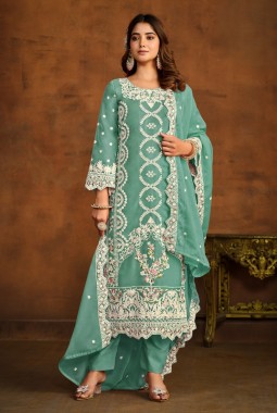 Blue Soft Organza Embroidered Designer Salwar Kameez