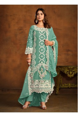 Blue Soft Organza Embroidered Designer Salwar Kameez
