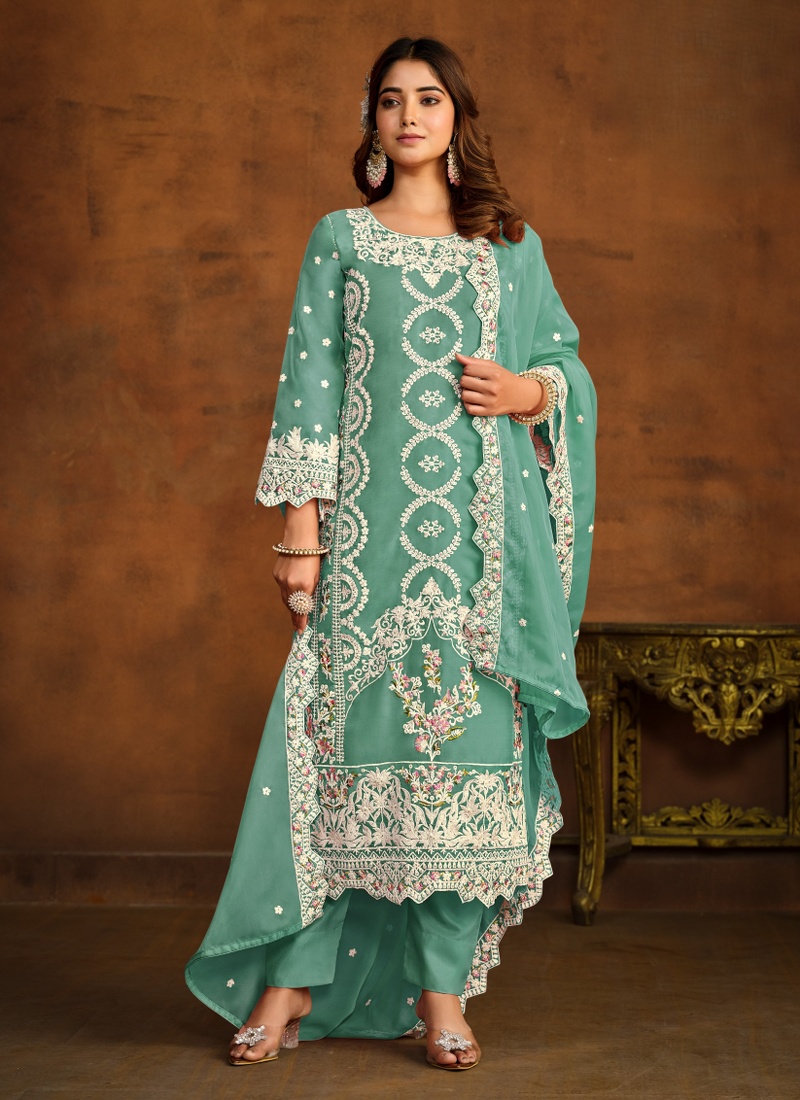 Blue Soft Organza Embroidered Designer Salwar Kameez