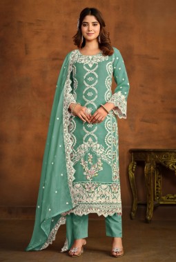 Blue Soft Organza Embroidered Designer Salwar Kameez