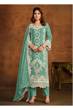 Blue Soft Organza Embroidered Designer Salwar Kameez