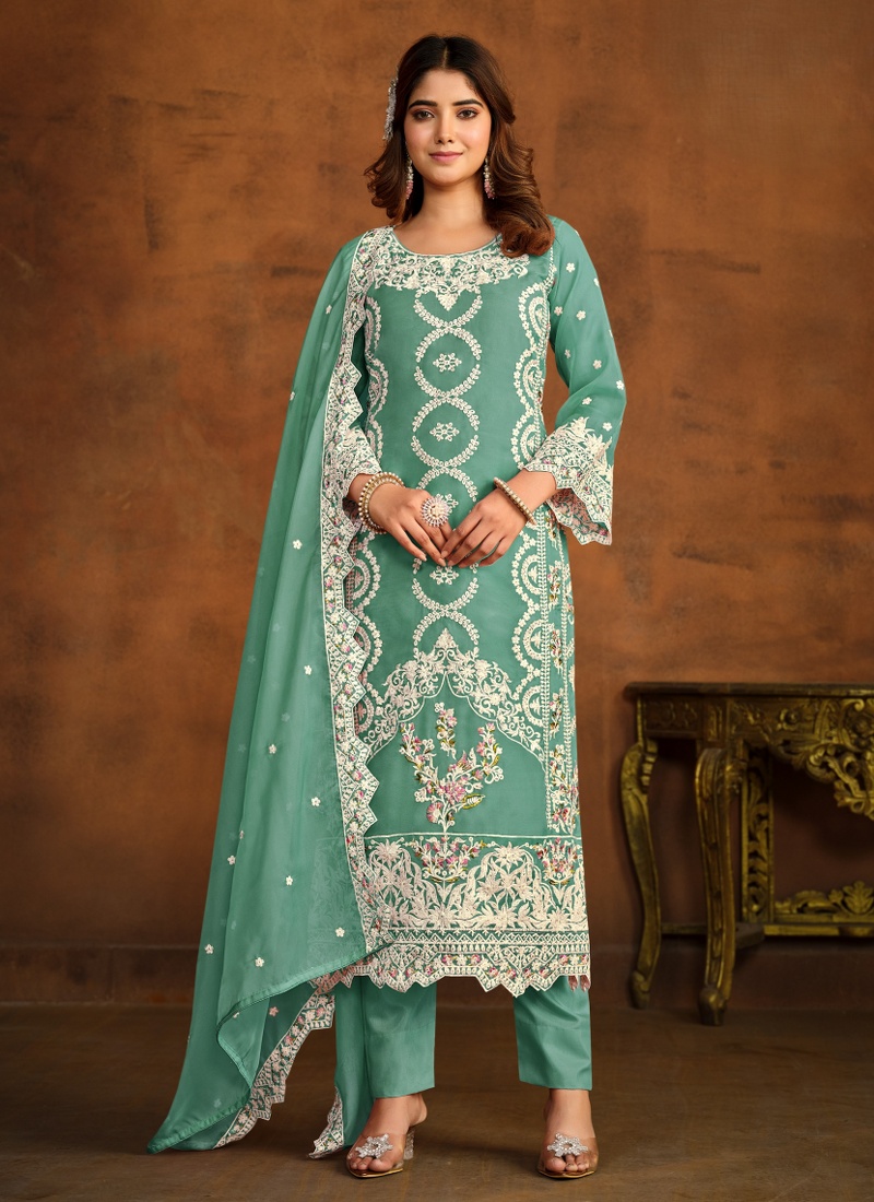 Blue Soft Organza Embroidered Designer Salwar Kameez