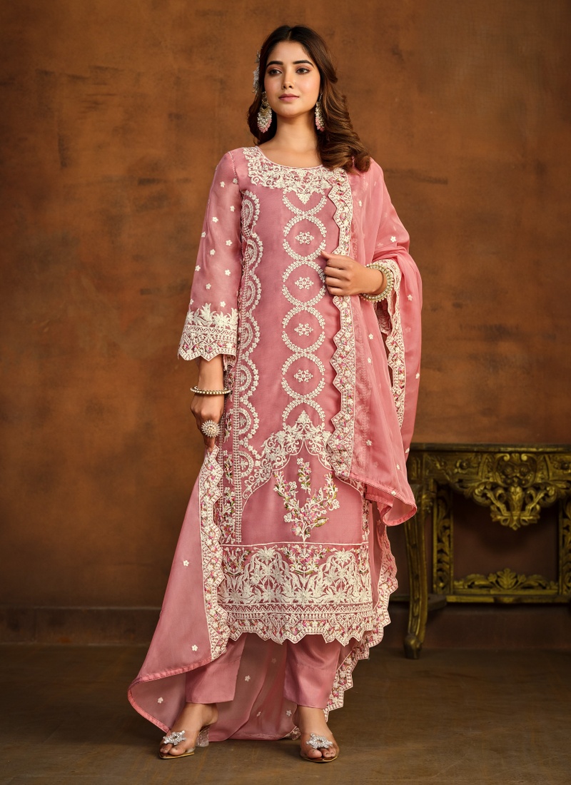 Peach Organza Sequins Designer Salwar Kameez