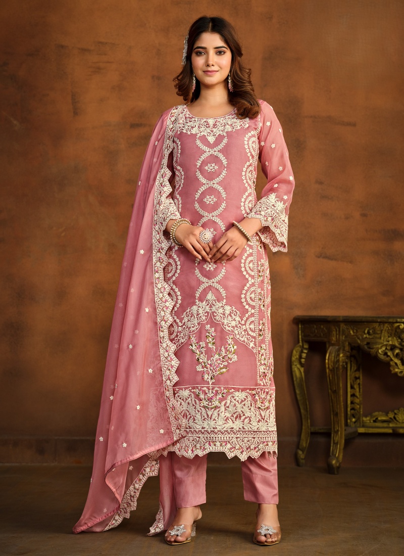 Peach Organza Sequins Designer Salwar Kameez