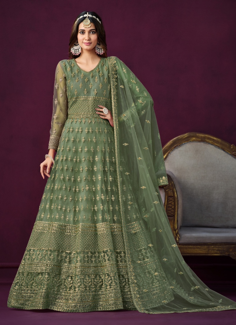 Green Net Sequins Embroidered Wedding Salwar Kameez