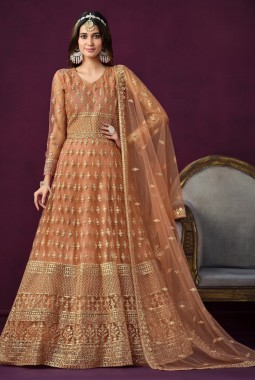 Peach Net Embroidered Wedding Salwar Kameez